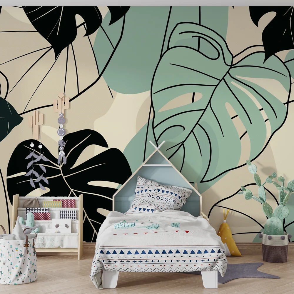 Papel de parede crianç | Folhas tropicais modernas tricolores