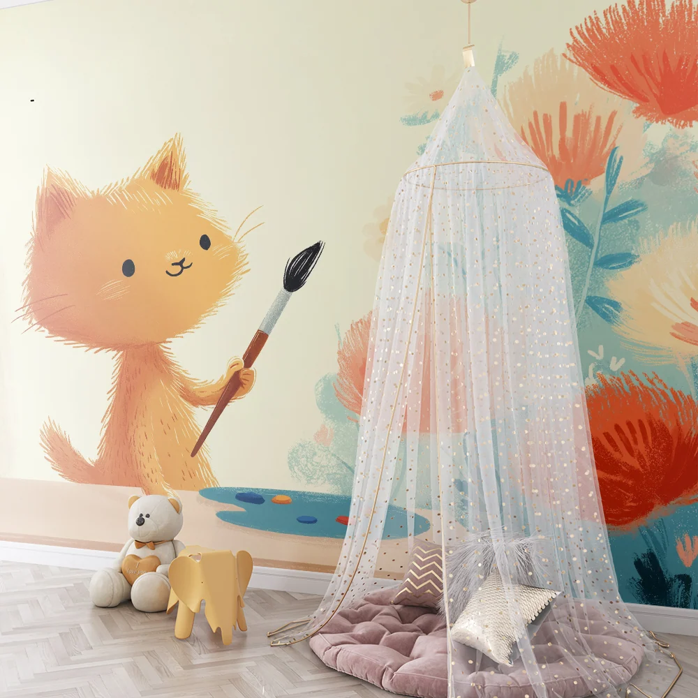 Papel de parede crianç | Um gatinho artista cercado por flores coloridas