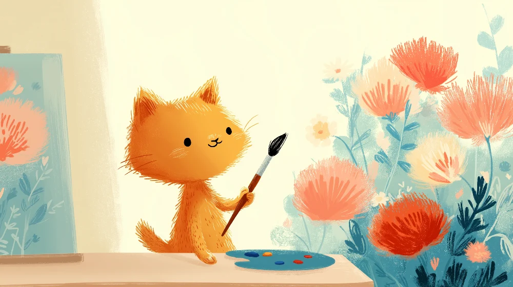 Papel de parede crianç | Um gatinho artista cercado por flores coloridas