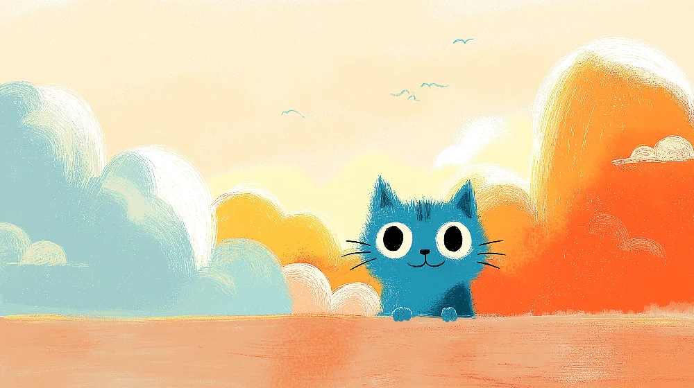 Papel de parede crianç | Gatinho azul travesso sob um céu colorido
