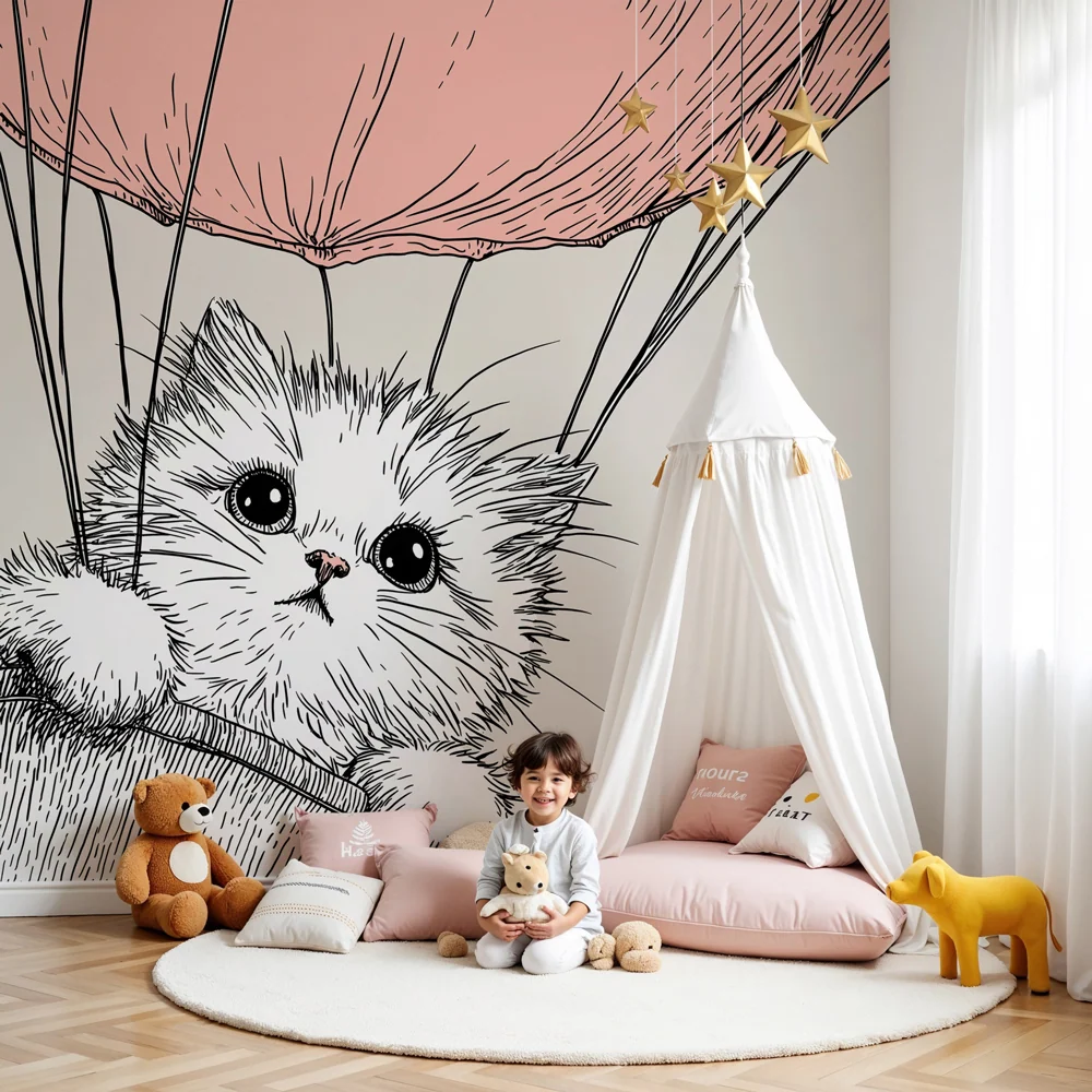 Papel de parede crianç | Um gato fofo em um balão de ar quente