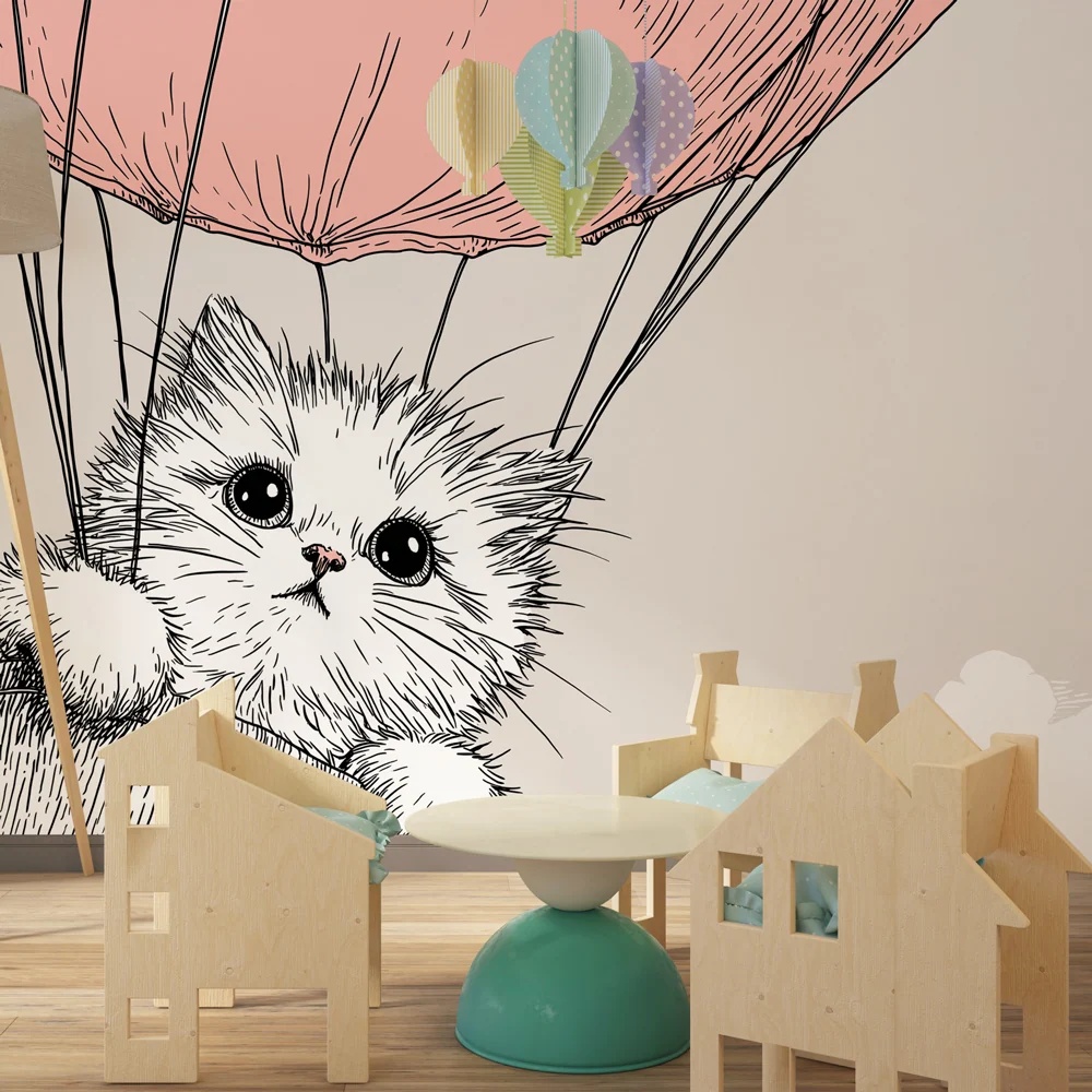 Papel de parede crianç | Um gato fofo em um balão de ar quente