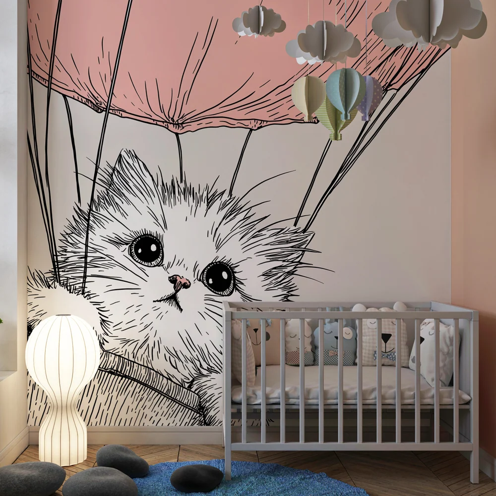 Papel de parede crianç | Um gato fofo em um balão de ar quente