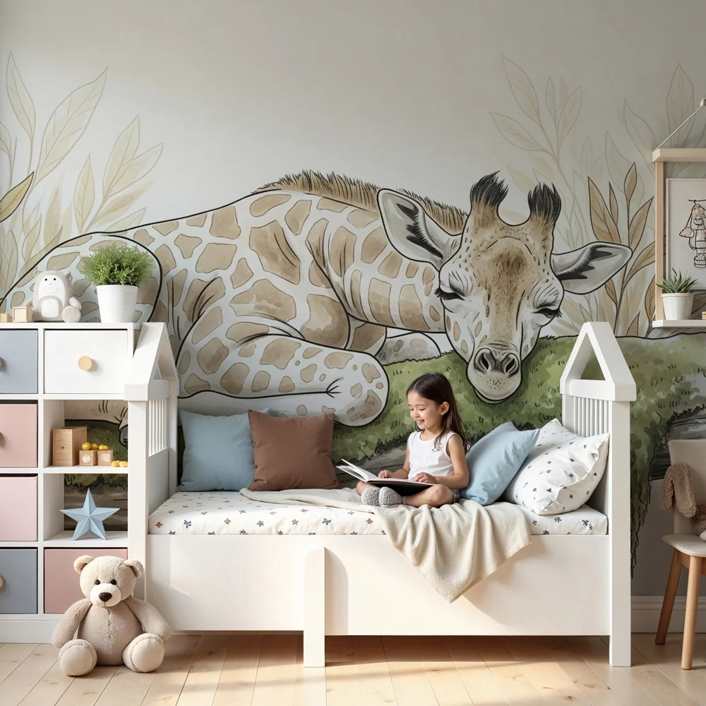 Papel de parede crianç | Girafa adormecida e natureza suave