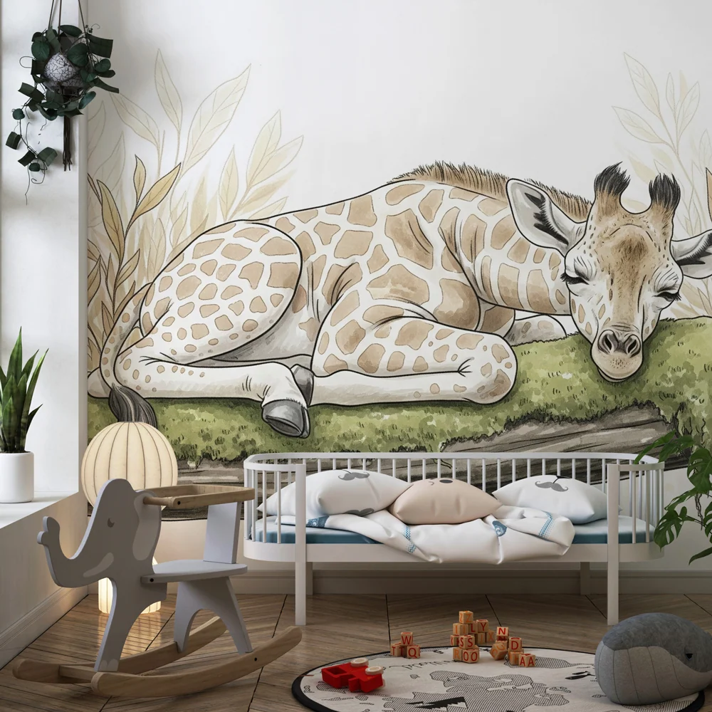 Papel de parede crianç | Girafa adormecida e natureza suave