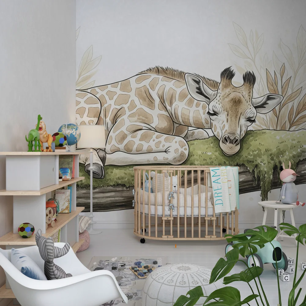Papel de parede crianç | Girafa adormecida e natureza suave