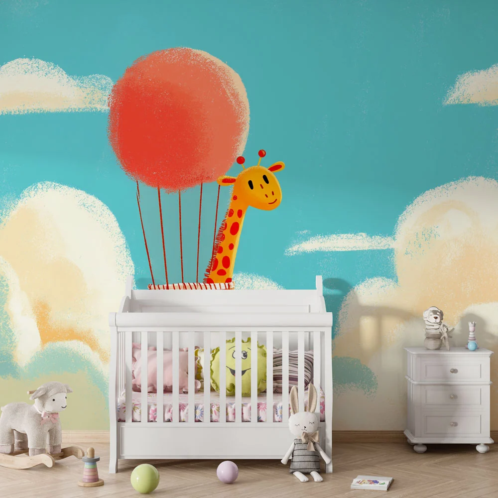 Papel de parede crianç | Girafa em um balão de ar quente no céu azul