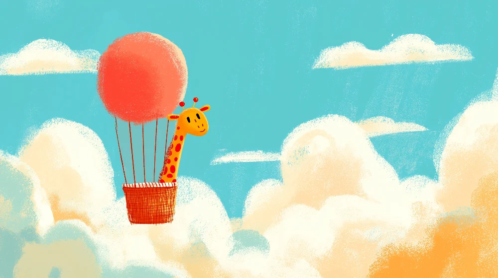 Papel de parede crianç | Girafa em um balão de ar quente no céu azul