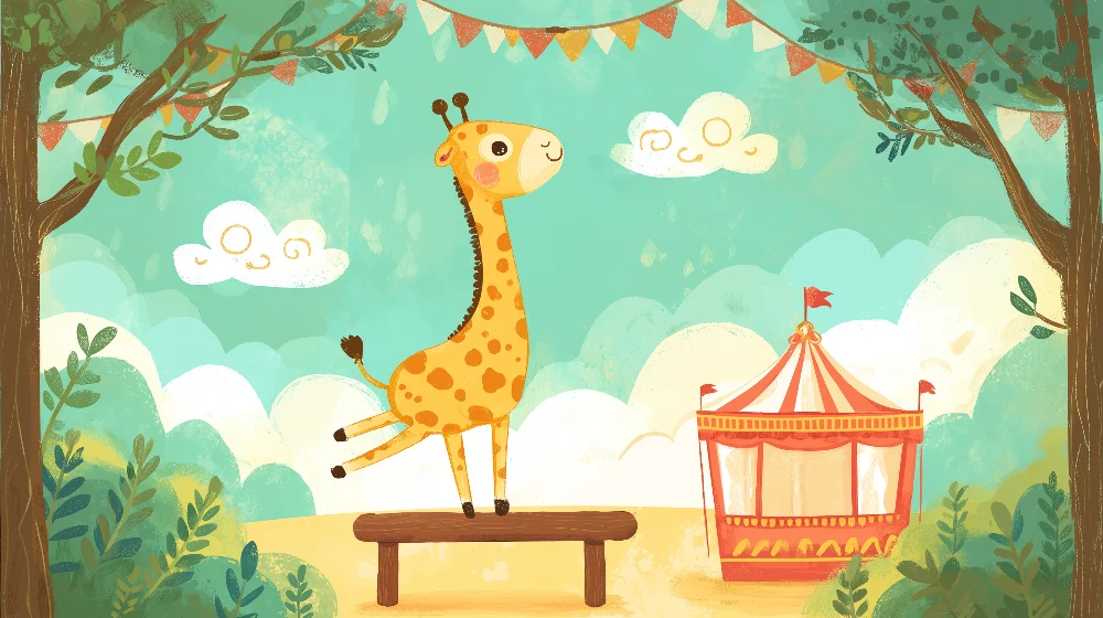 Papel de parede crianç | Girafa feliz sob um céu azul e um circo colorido