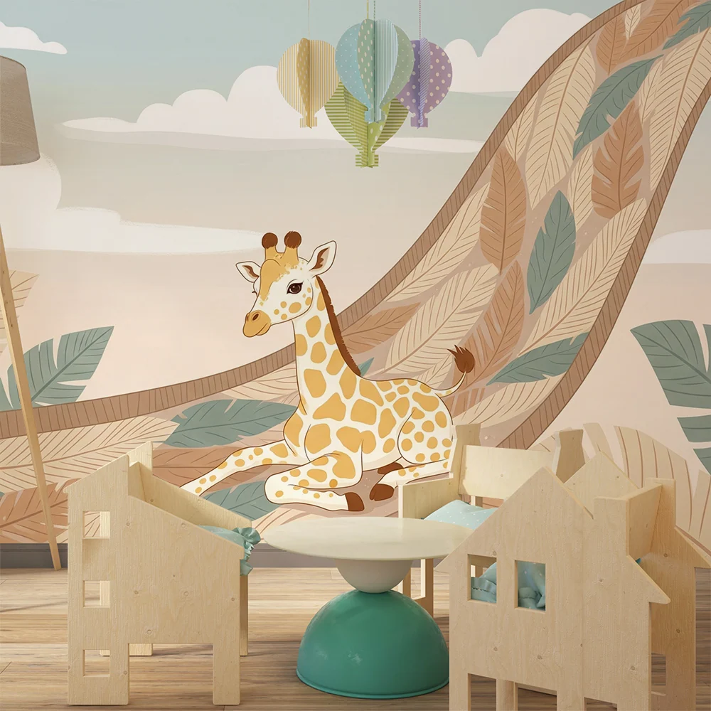 Papel de parede crianç | Girafa fofa em um fundo de folhas tropicais