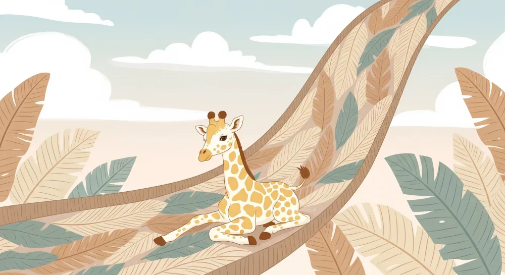 Papel de parede crianç | Girafa fofa em um fundo de folhas tropicais
