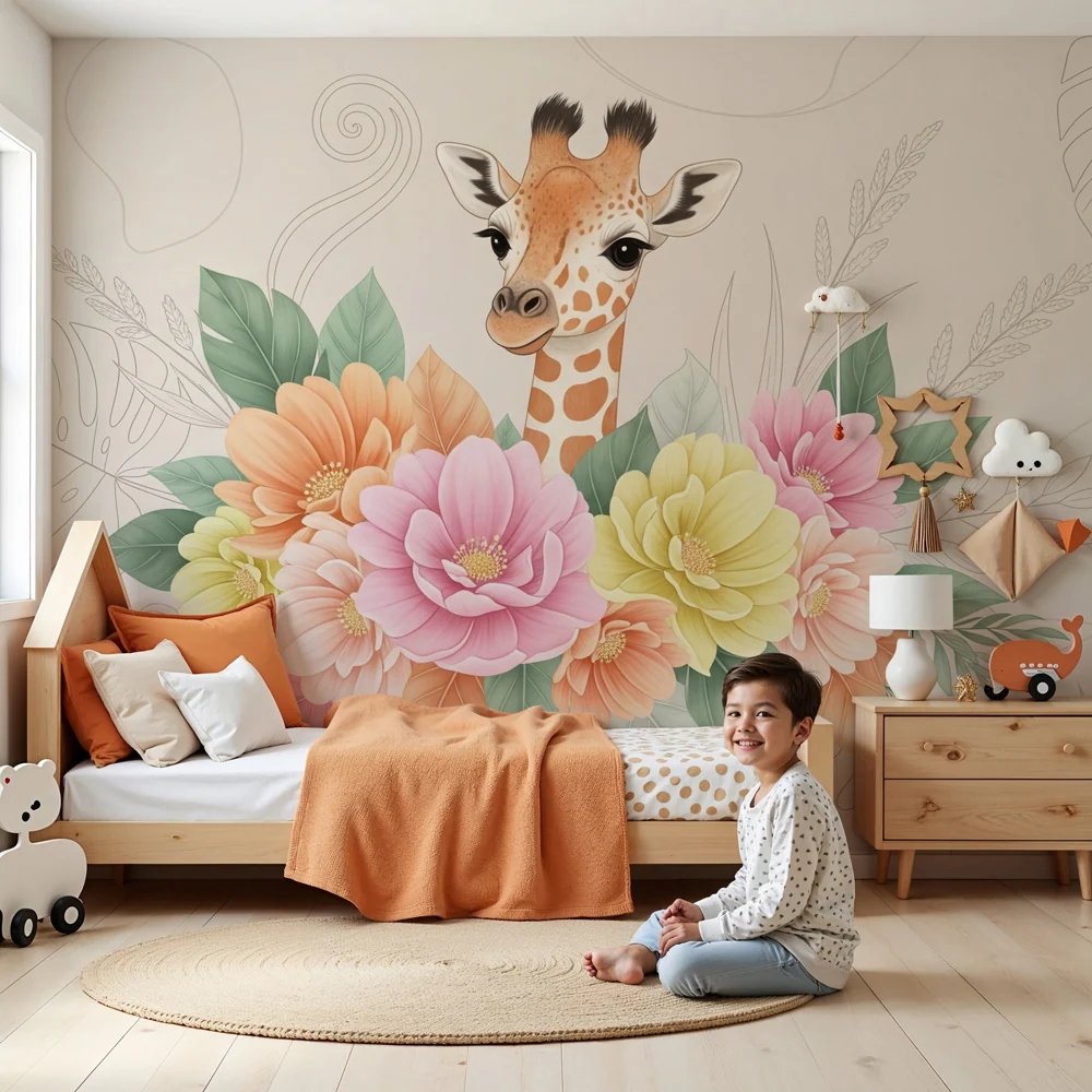 Papel de parede crianç | Girafa no meio de flores coloridas