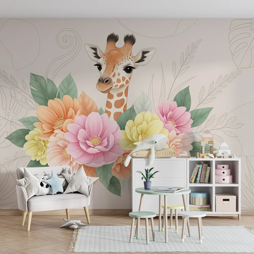 Papel de parede crianç | Girafa no meio de flores coloridas