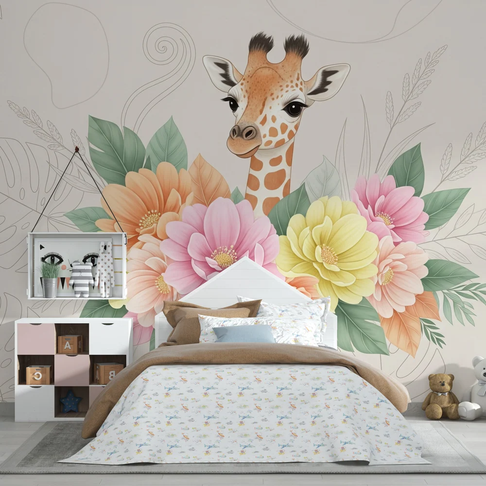 Papel de parede crianç | Girafa no meio de flores coloridas