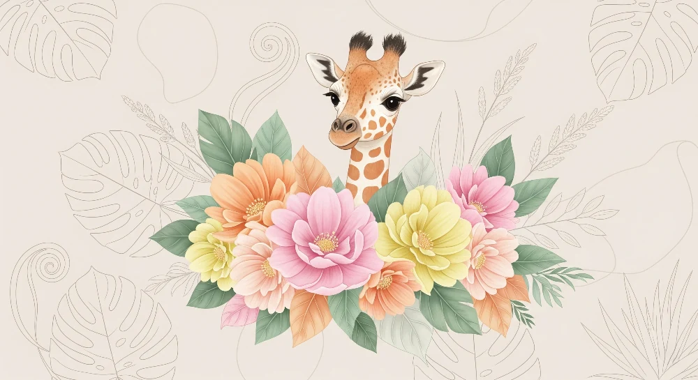 Papel de parede crianç | Girafa no meio de flores coloridas