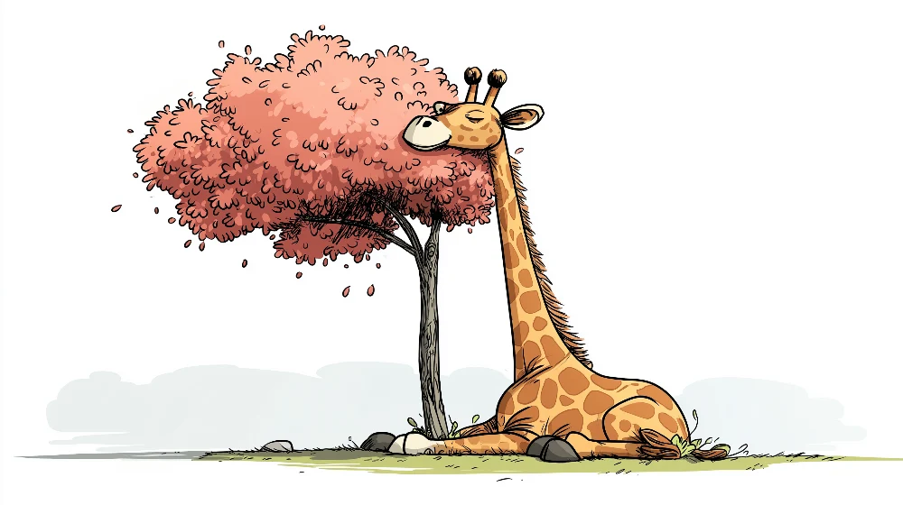 Papel de parede crianç | Girafa pacífica sob uma árvore rosa