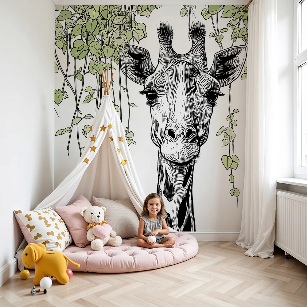 Papel de parede crianç | Girafa sorridente cercada por cipós verdes