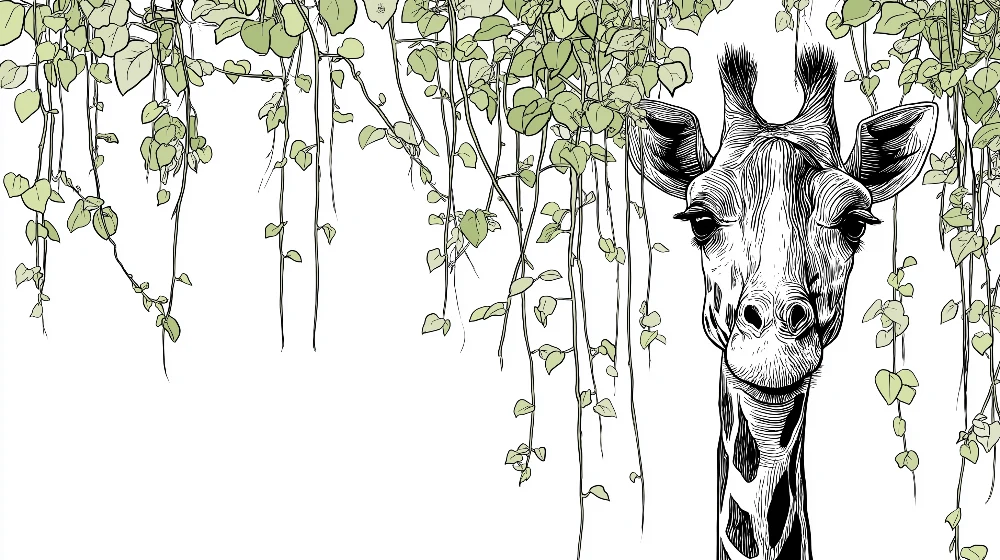 Papel de parede crianç | Girafa sorridente cercada por cipós verdes