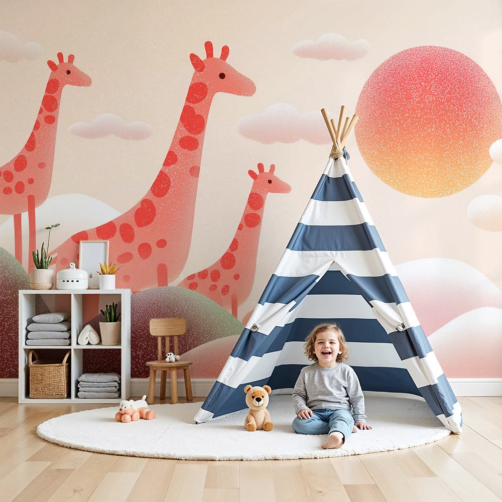 Papel de parede crianç | Girafas coloridas em fundo pastel com pôr do sol