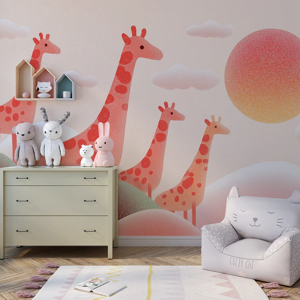 Papel de parede crianç | Girafas coloridas em fundo pastel com pôr do sol