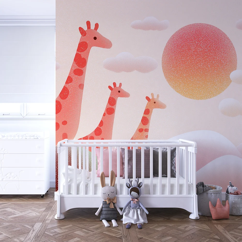 Papel de parede crianç | Girafas coloridas em fundo pastel com pôr do sol