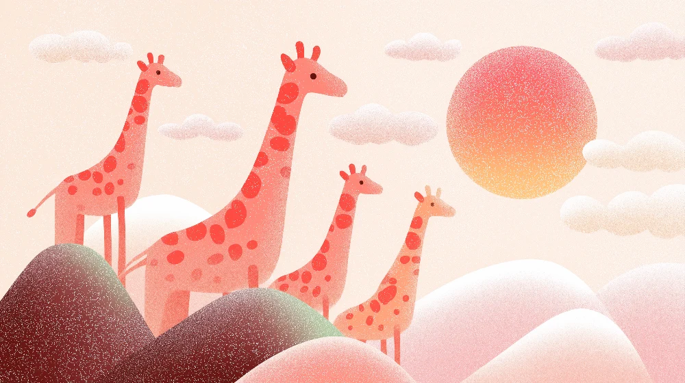 Papel de parede crianç | Girafas coloridas em fundo pastel com pôr do sol