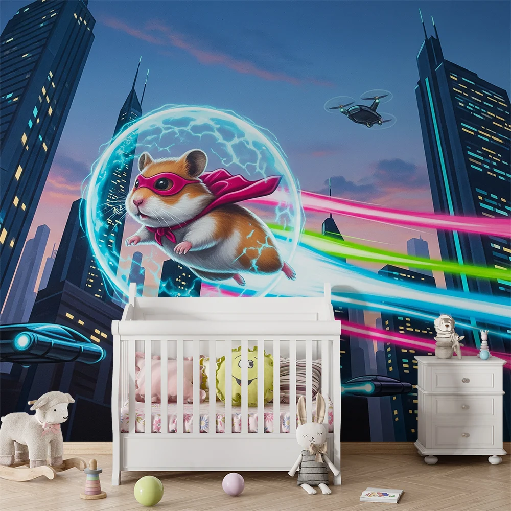 Papel de parede crianç | Hamster super-erou într-un oraș futurist