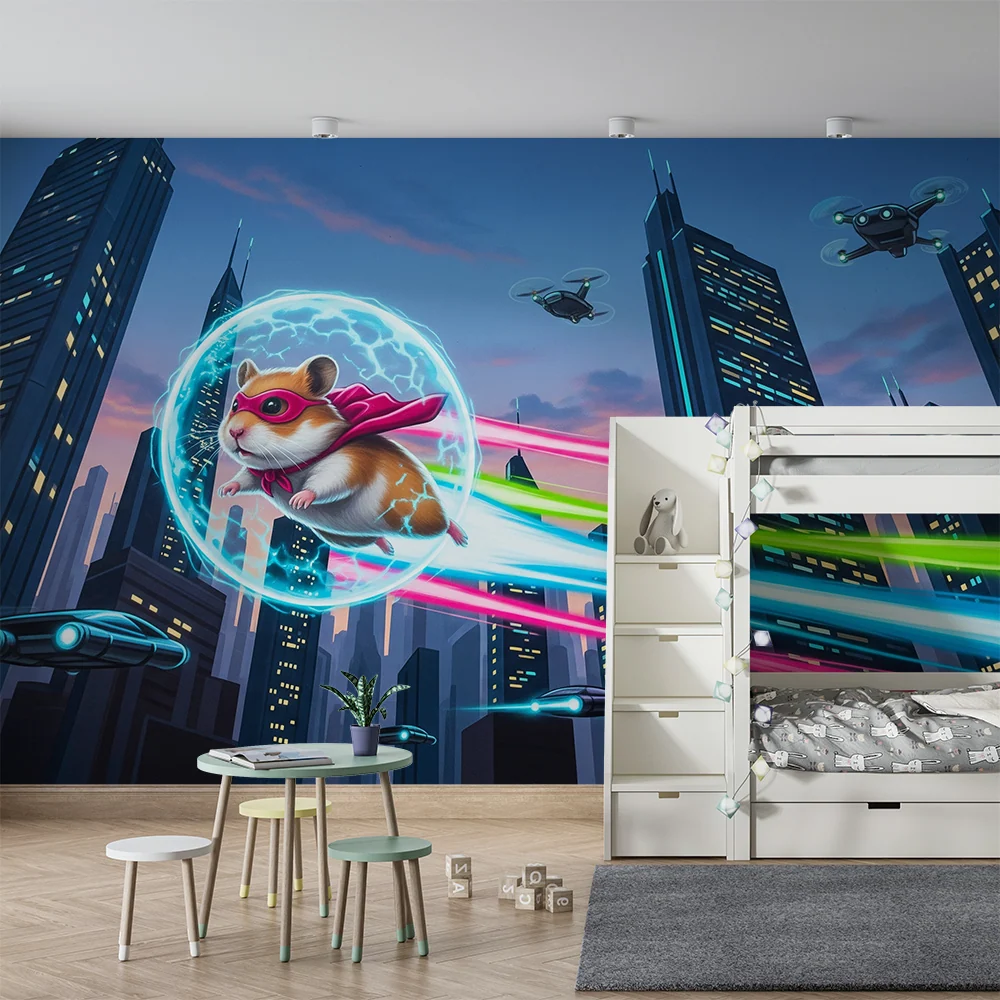 Papel de parede crianç | Hamster super-erou într-un oraș futurist