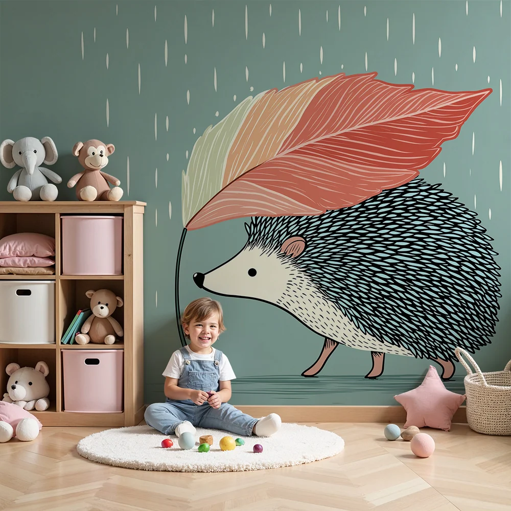 Papel de parede crianç | Hedgehog sub o frunză colorată în ploaie