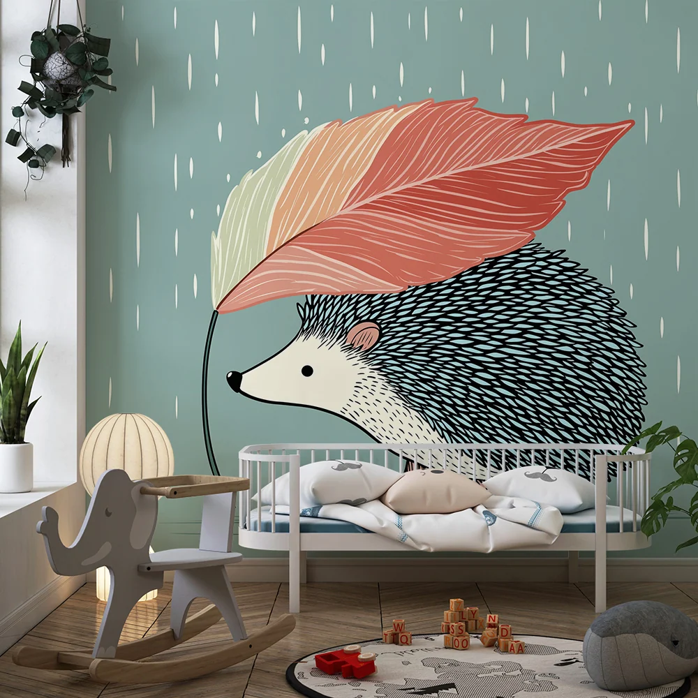 Papel de parede crianç | Hedgehog sub o frunză colorată în ploaie