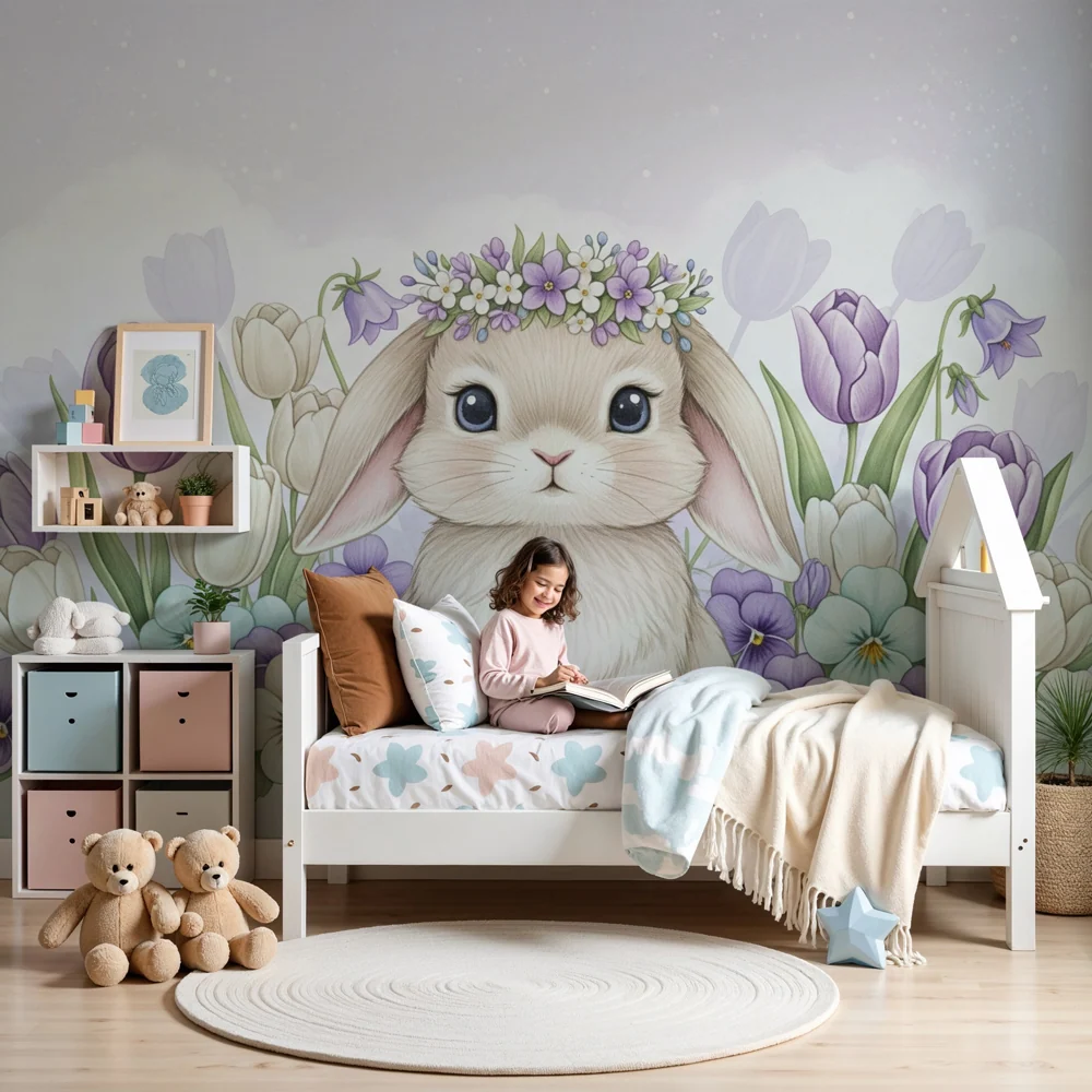 Papel de parede crianç | Iepuraș drăguț printre flori colorate