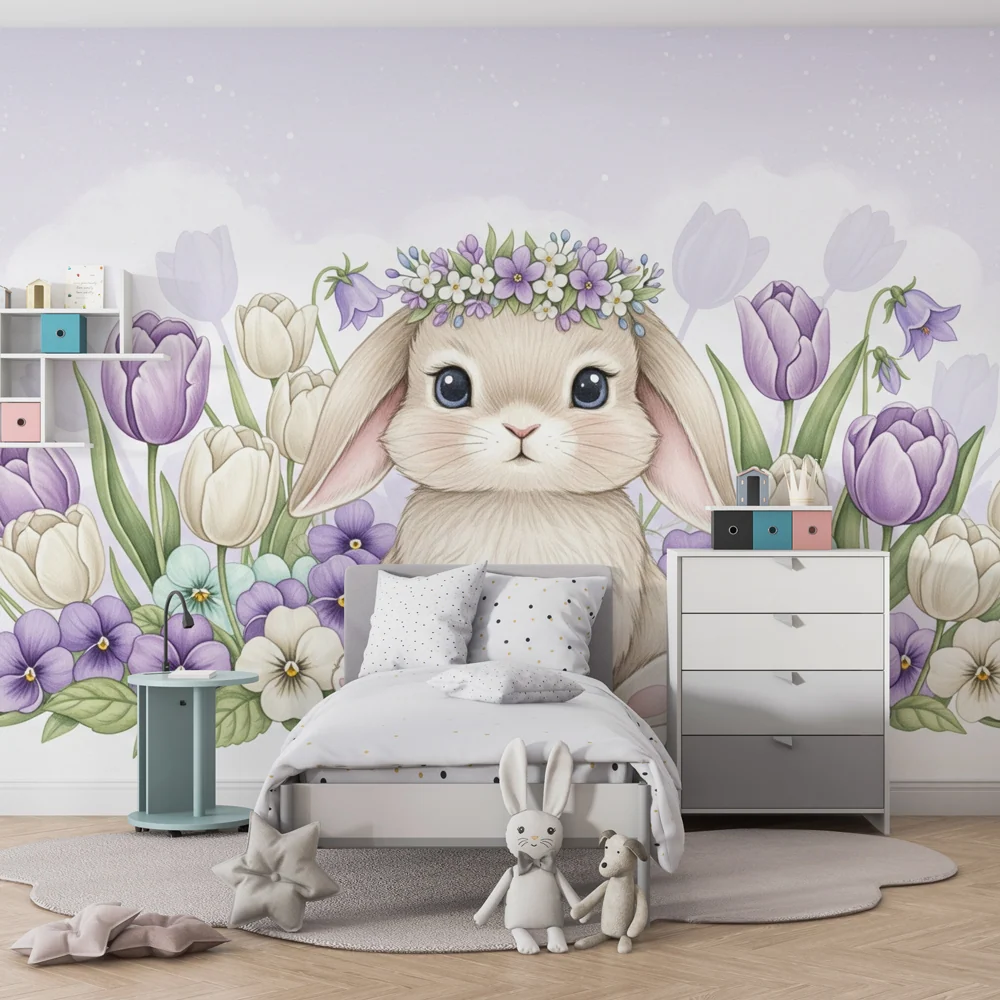 Papel de parede crianç | Iepuraș drăguț printre flori colorate