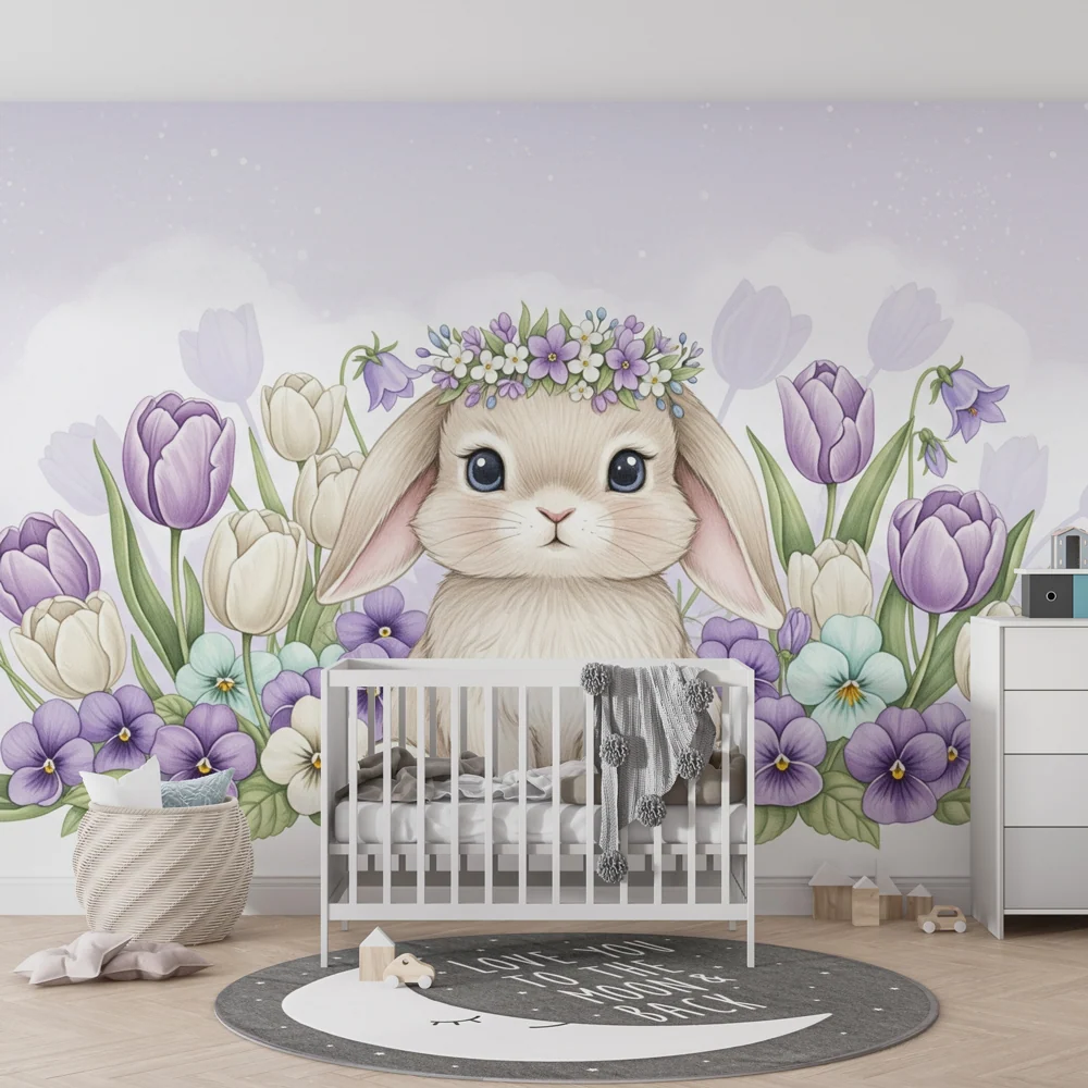 Papel de parede crianç | Iepuraș drăguț printre flori colorate