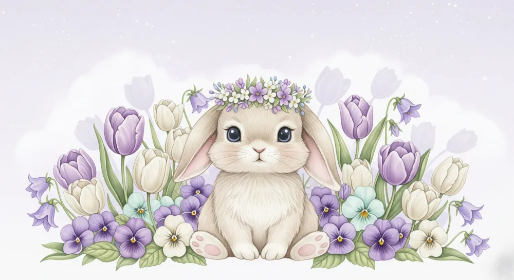 Papel de parede crianç | Iepuraș drăguț printre flori colorate