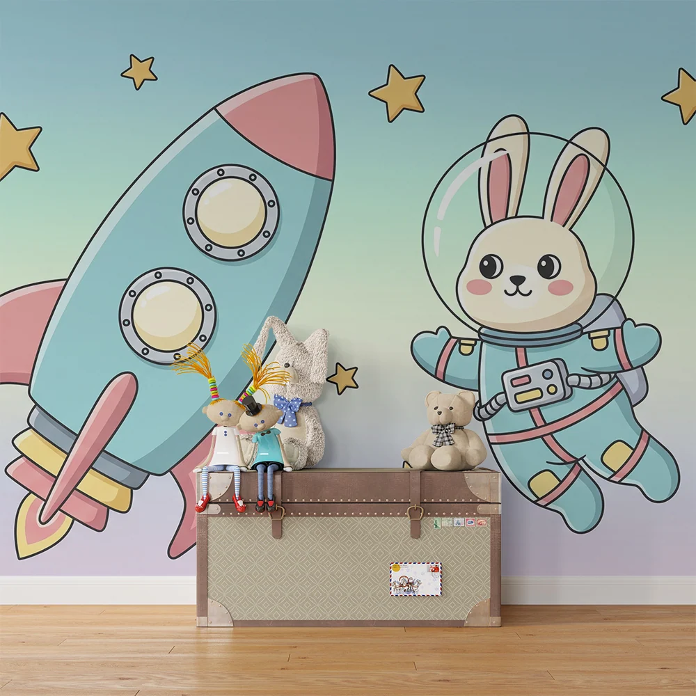 Papel de parede crianç | Iepure astronaut și rachetă într-un cer stelat