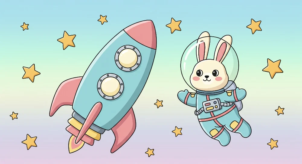 Papel de parede crianç | Iepure astronaut și rachetă într-un cer stelat