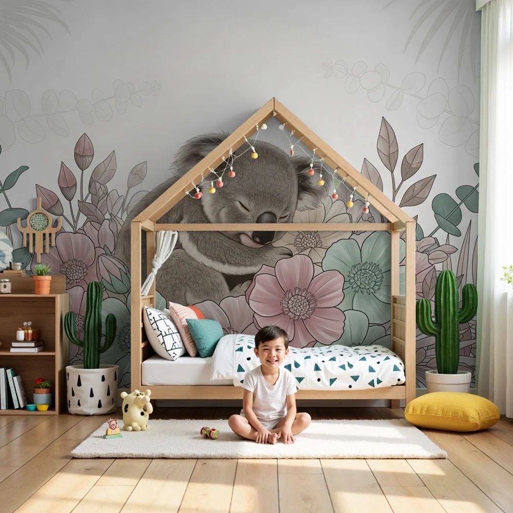 Papel de parede crianç | Koala adormit printre flori