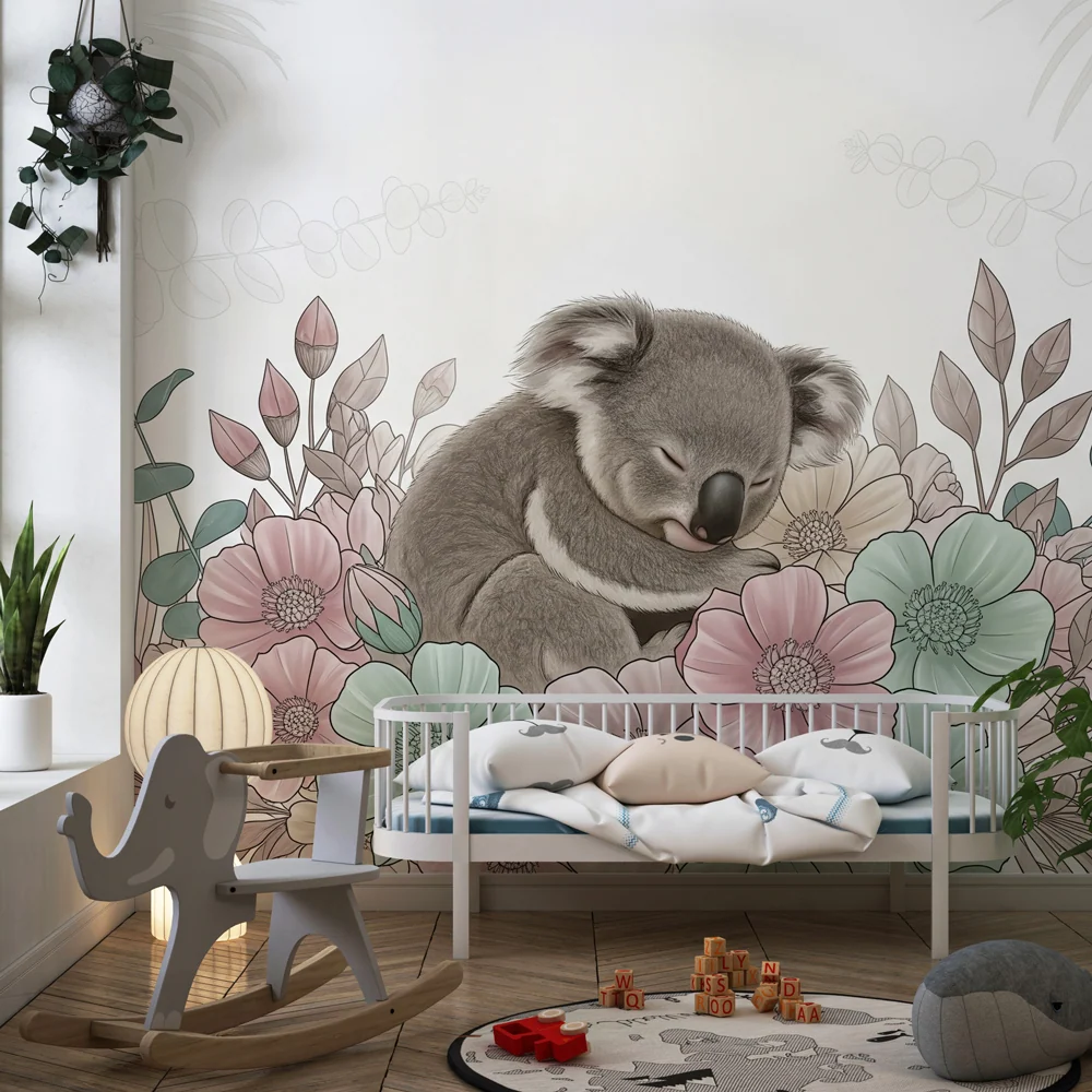 Papel de parede crianç | Koala adormit printre flori