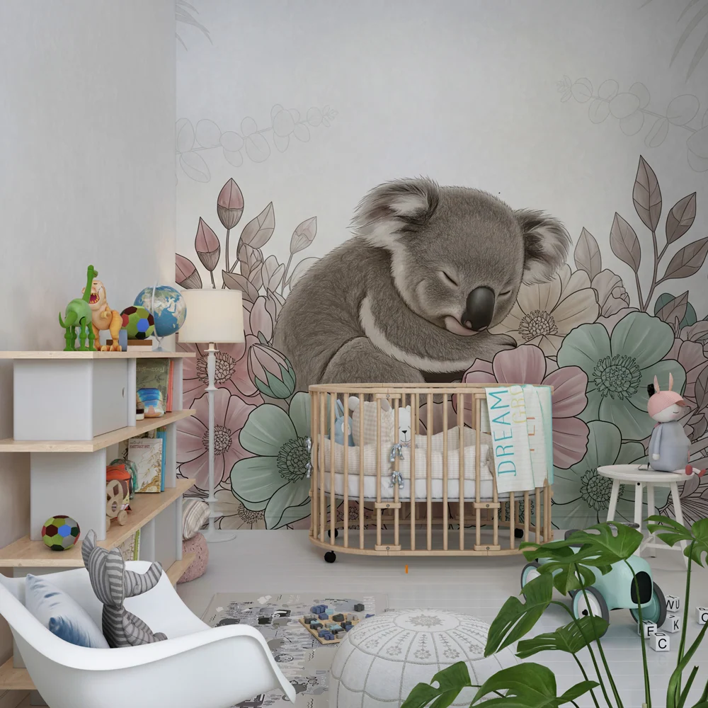 Papel de parede crianç | Koala adormit printre flori