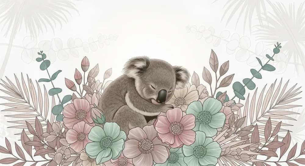 Papel de parede crianç | Koala adormit printre flori
