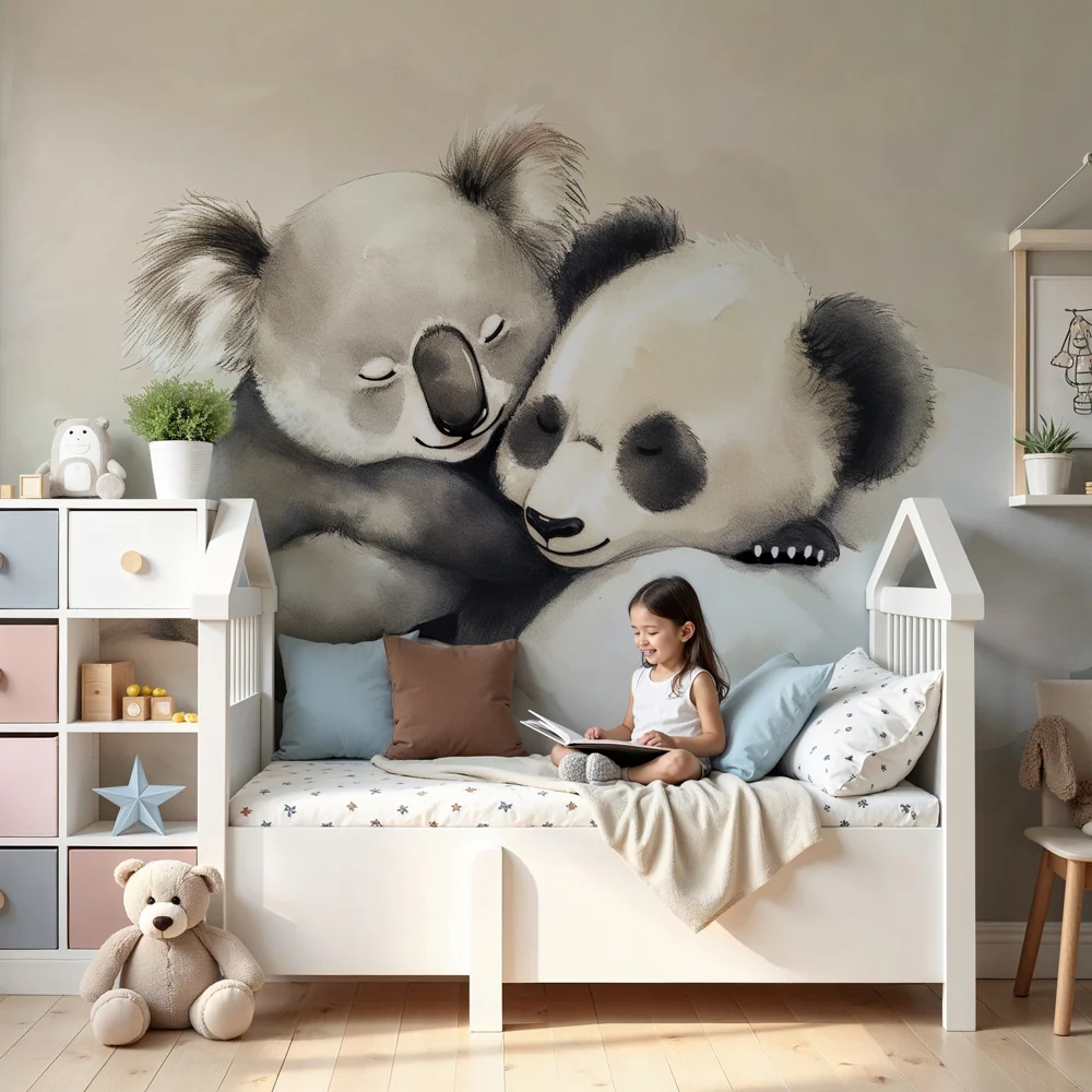 Papel de parede crianç | Koala e panda adoráveis nas nuvens