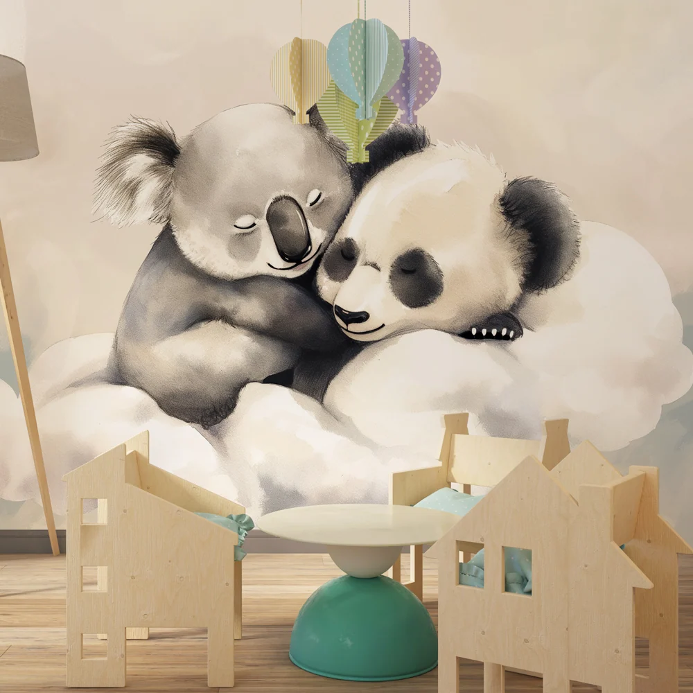 Papel de parede crianç | Koala e panda adoráveis nas nuvens