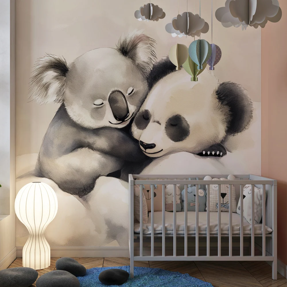 Papel de parede crianç | Koala e panda adoráveis nas nuvens