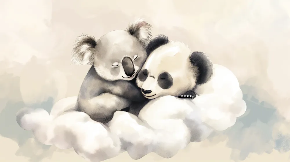 Papel de parede crianç | Koala e panda adoráveis nas nuvens