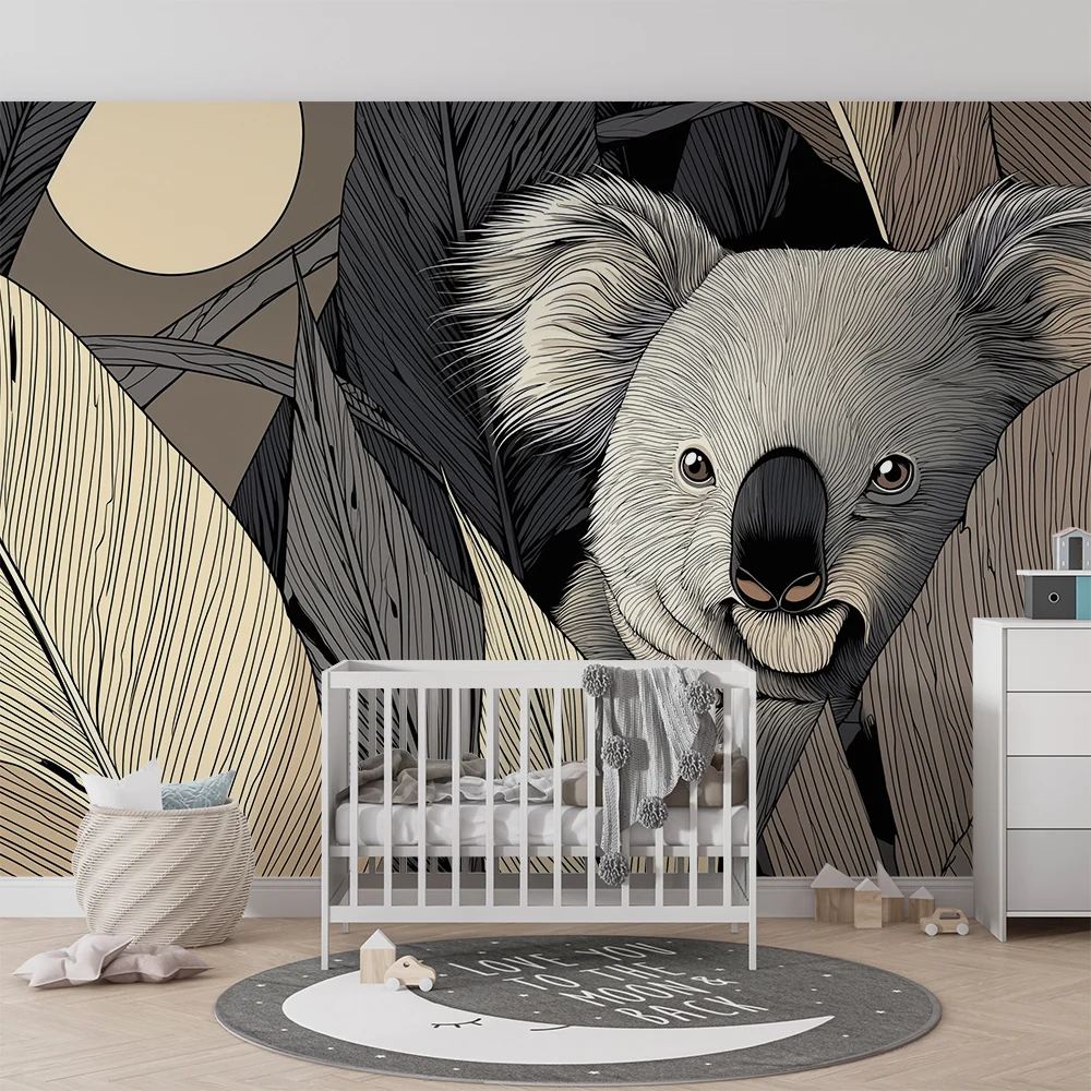 Papel de parede crianç | Koala sub clar de lună printre frunze tropicale