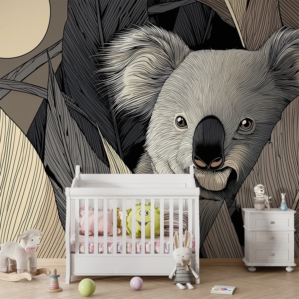 Papel de parede crianç | Koala sub clar de lună printre frunze tropicale