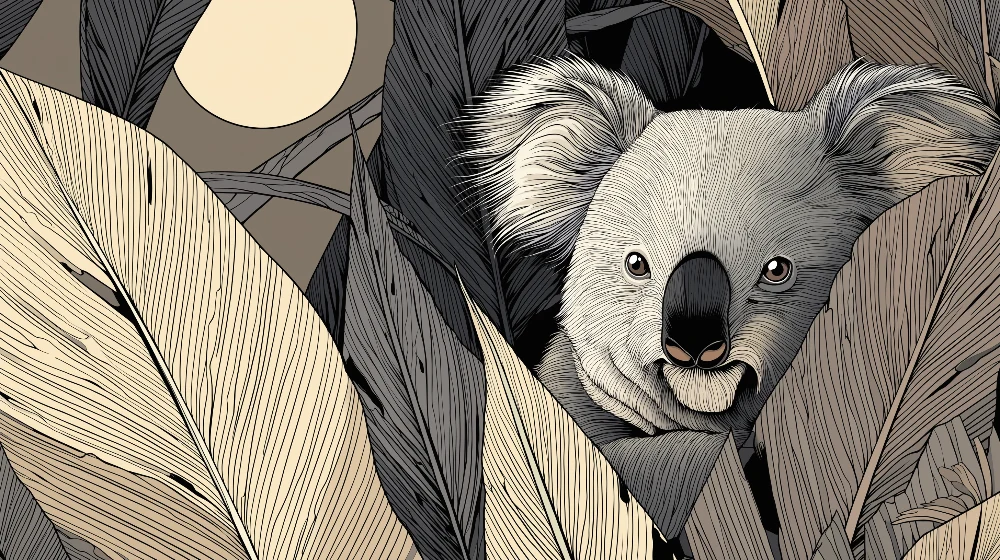 Papel de parede crianç | Koala sub clar de lună printre frunze tropicale
