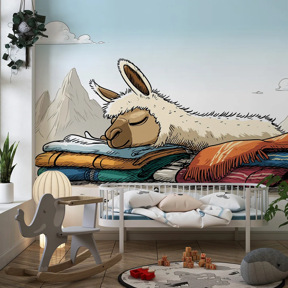 Papel de parede crianç | Lama adormit pe pături colorate într-un peisaj montan