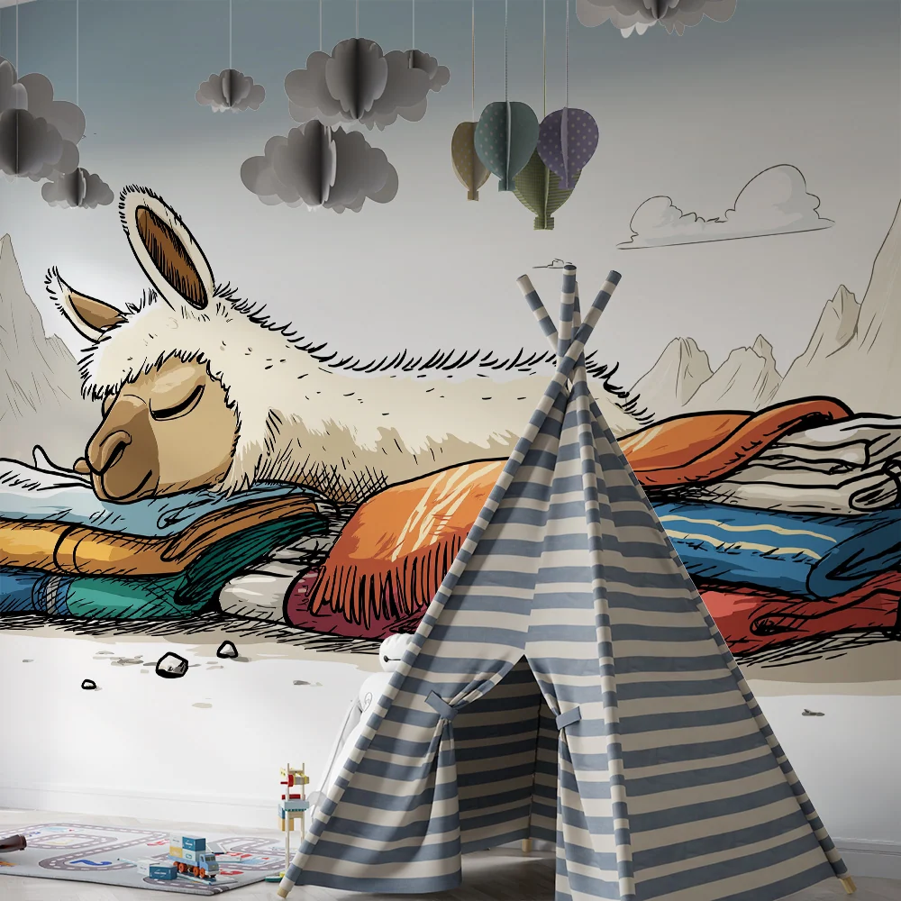 Papel de parede crianç | Lama adormit pe pături colorate într-un peisaj montan