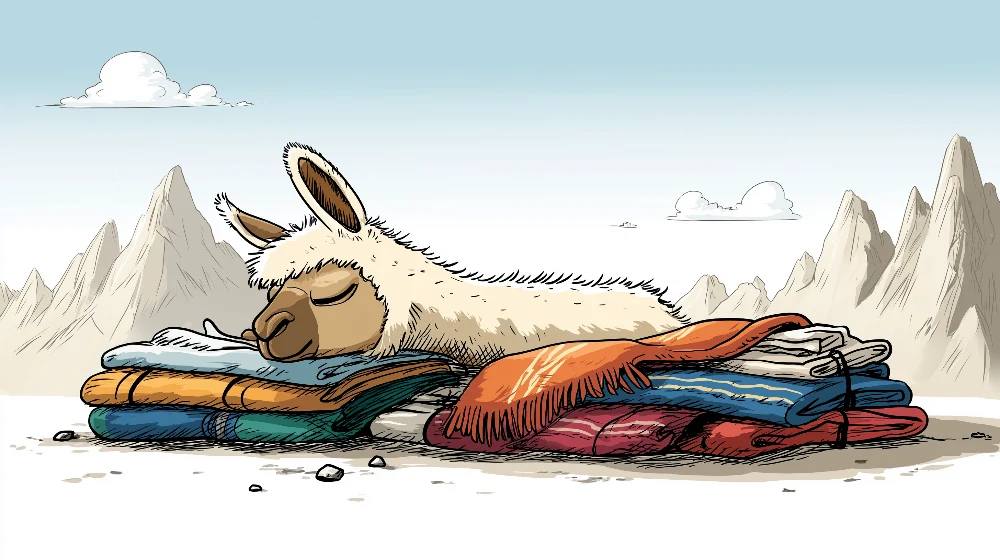 Papel de parede crianç | Lama adormit pe pături colorate într-un peisaj montan